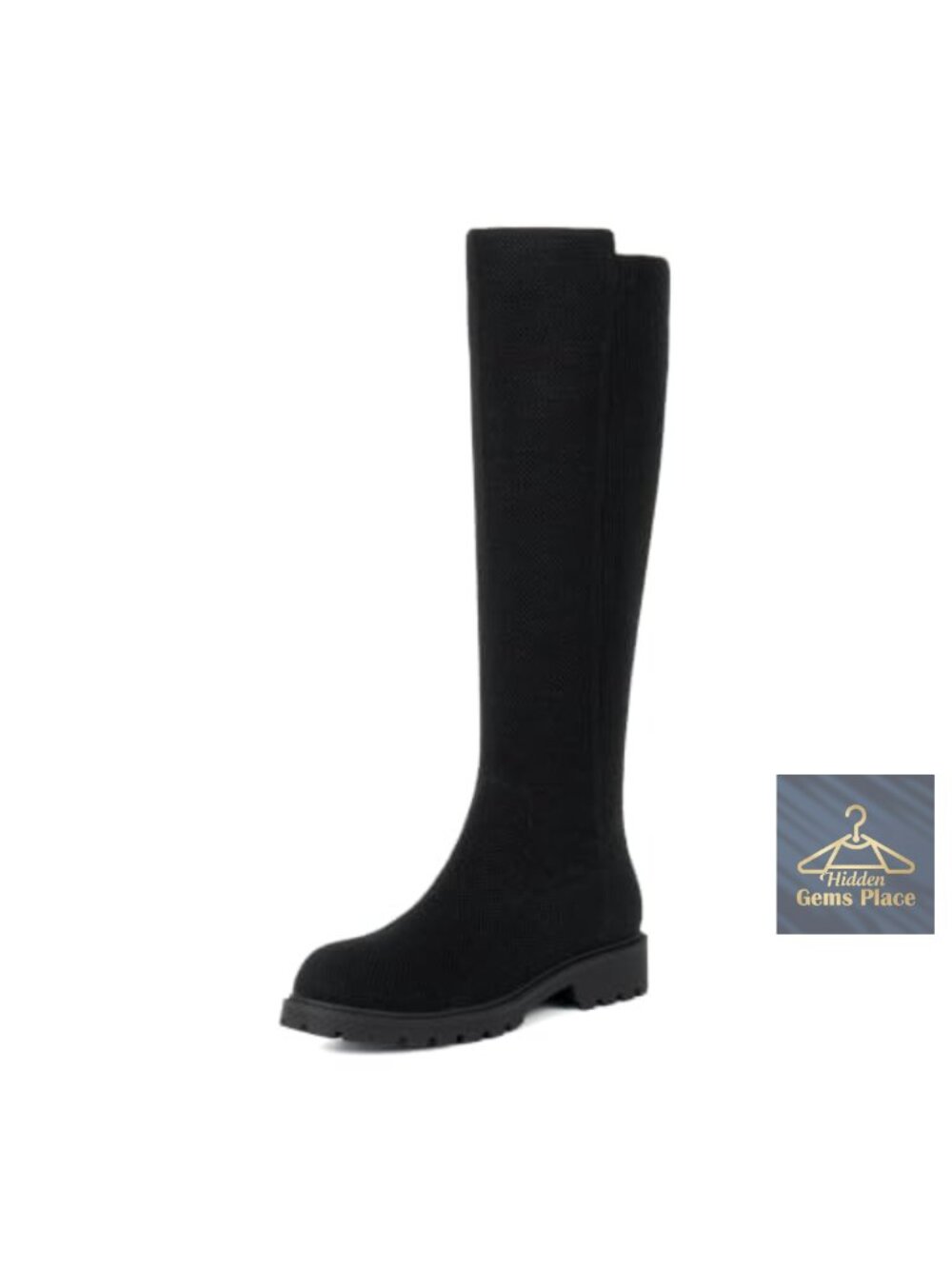Stretchy Knit Knee High Boots Women Lug Sole Pull On Round Toe